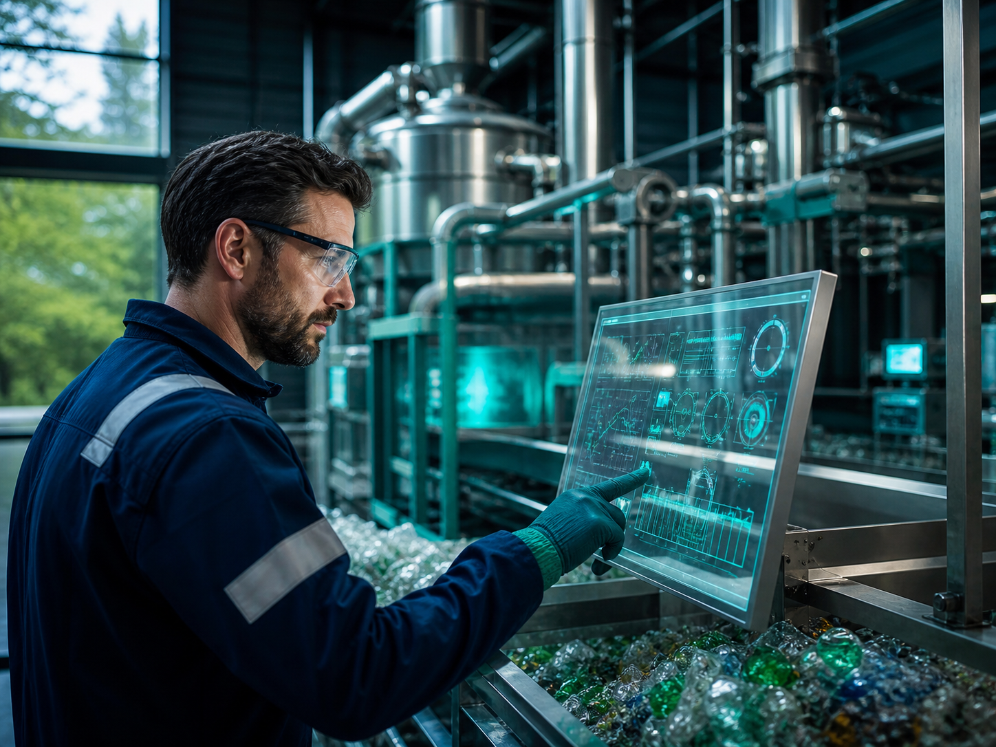 Engineer interacting with technology in an industrial facility